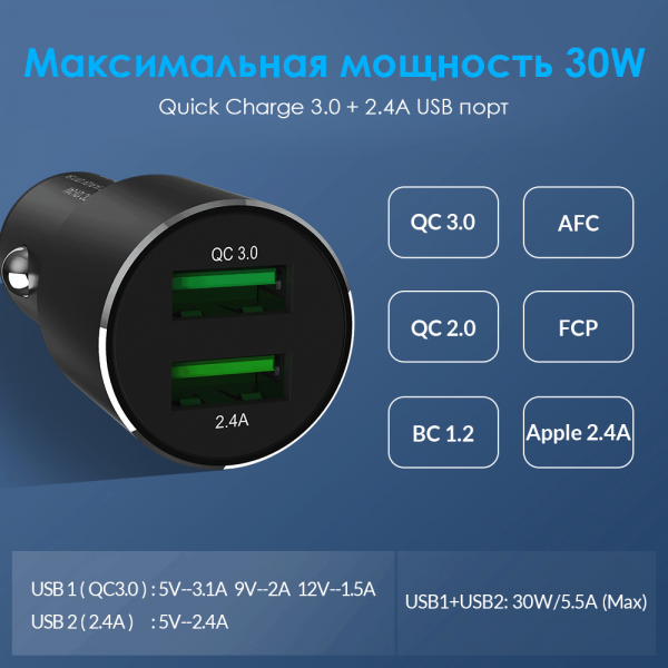 Автомобильное зарядное устройство TOPK G207Q QC 3.0 30W 2xUSB